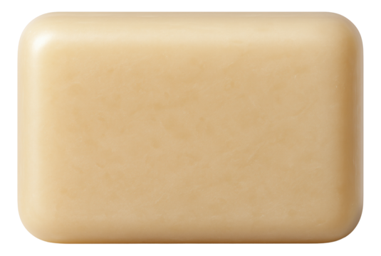 A rectangular beige bar of soap with smooth edges showcased on transparent background.