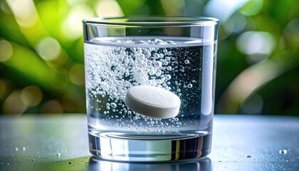 Effervescent tablet dissolving in clear glass of water with lush green background foliage