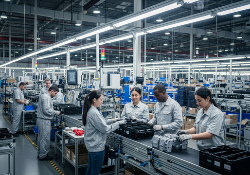 A wide shot of a modern manufacturing factory shows a diverse group of men and women working on an assembly line, wearing uniforms and gloves. - Powered by Adobe