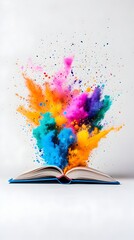 Colorful powder exploding from open book on white background, education concept