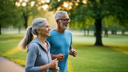 Senior couple enjoying a morning jog in a vibrant park, surrounded by greenery and soft sunlight, promoting fitness and well-being