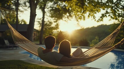 Couple relaxes in hammock enjoying sunset near pool in peaceful backyard