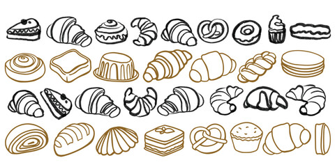 Isolated vector set of Bakery. Hand drawn and chalked cookies, barolls, pies, cakes, pastries, croissants.. Vintage template with pastries sketch. Fresh bakery. Shop. Template.	