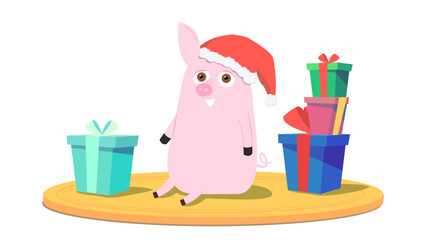 Christmas Piggy Scene: Cute Animal with Presents. This graphic features an adorable pig surrounded by various gift boxes, set on a round, festive platform © Karolina