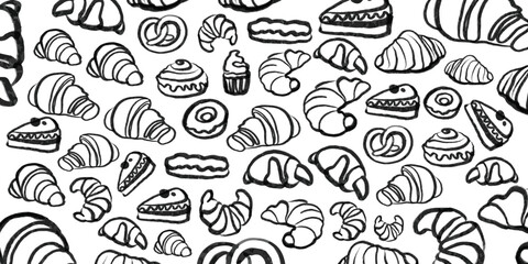 Isolated vector set of Bakery. Hand drawn and chalked cookies, barolls, pies, cakes, pastries, croissants.. Vintage template with pastries sketch. Fresh bakery. Shop. Template.	