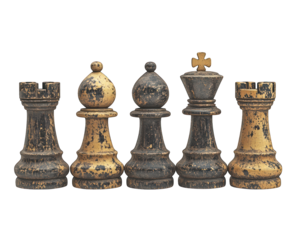 Aged chess pieces, rook, bishop, king, aligned row on black