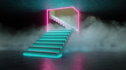 Futuristic neon staircase illuminated with pink and blue lights