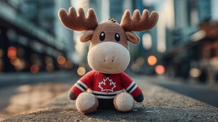 Cute plush moose toy in canadian city downtown setting for travel and souvenir concepts