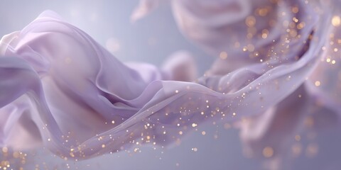 Soft flowing fabric with golden sparkles on a lavender background