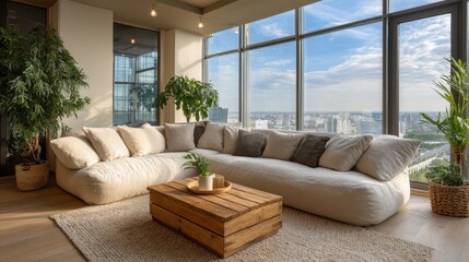 Modern cozy living room with city view and lush indoor plants perfect for urban lifestyle inspiration