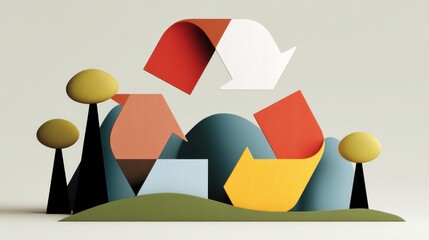 Sustainable eco art: colorful recycle symbol with trees and nature elements