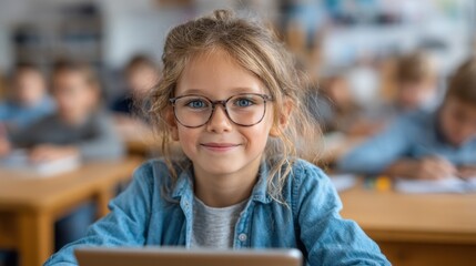 Young student in classroom setting learning with technology