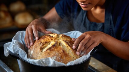 Young african adult female baking artisan bread in rustic kitchen setting