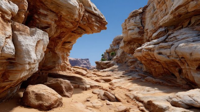 Rugged desert canyon landscape with majestic rock formations and clear blue sky - Powered by Adobe
