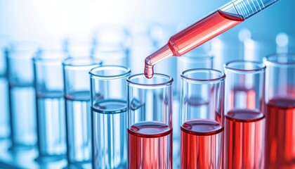 Laboratory scene with a pipette transferring liquid into test tubes, showcasing scientific research