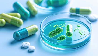 Colorful capsules and bacteria in a petri dish on a blue background, highlighting scientific research