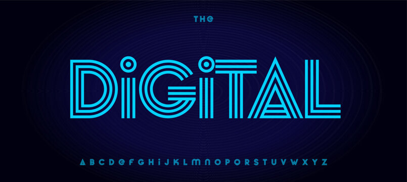 Digital stripes alphabet, layered contour techno font, retro-futuristic typeface for tech, sport, fintech, robotic logo and headline. Virtual UI typography, sci-fi typographic design. Vector typeset