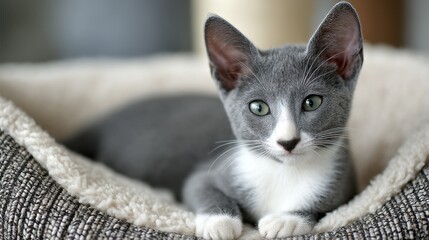 Adorable gray and white kitten relaxing in soft pet bed