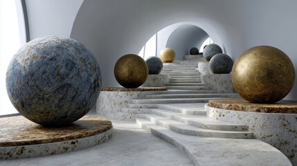 Abstract stone spheres on curved staircase in modern architectural space