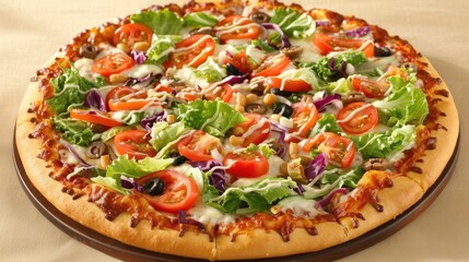 Fresh veggie pizza with lettuce, tomato, and olives on cheesy crust