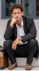 Young caucasian male in suit sitting outdoors with vintage suitcase. Bank Employee Day (Guatemala)