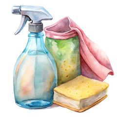 Watercolor cleaning tools including spray bottle, sponge, and cloth isolated