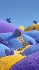 Surreal landscape with dome and vibrant colorful hills under blue sky