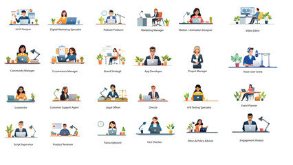 Professional Office Staff And Employee Roles Icon Set With Modern Flat Illustrations Of Diverse Teamwork And Occupations