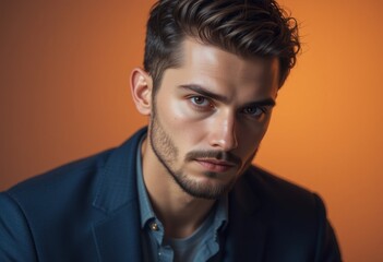 Obraz premium Un hombre elegante con barba corta mira seriamente a la cámara. Luz naranja cálida y degradada. Retrato de moda masculina contemporánea