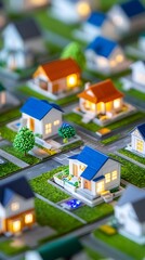 Obraz premium Illuminated miniature houses, suburban model, night, development, real estate