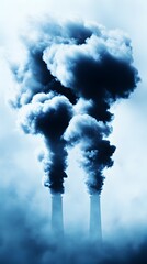 Industrial Smokestacks Emitting Pollution in Foggy Sky
