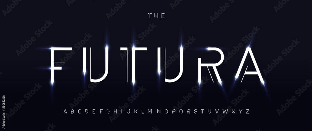 Aufkleber Abstract futuristic font, digital neon glow alphabet, thin techno typescript for AI interface, sci-fi logo headline, cyberpunk science technology branding, minimal hi-tech typography. Vector typeset.
