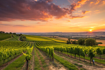 Fototapeta premium Extra wide panoramic view of summer vineyard captured beautifully at sunset