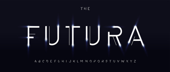 Naklejka na ściany i meble Abstract futuristic font, digital neon glow alphabet, thin techno typescript for AI interface, sci-fi logo headline, cyberpunk science technology branding, minimal hi-tech typography. Vector typeset.