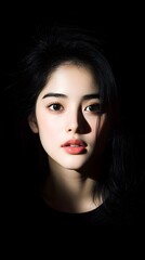 Fototapeta premium Dramatic portrait, woman, dark background, studio lighting, beauty