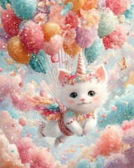 A whimsical kitten with colorful balloons.