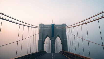 Foggy Brooklyn Bridge at Dawn with Misty Sky and American Flag