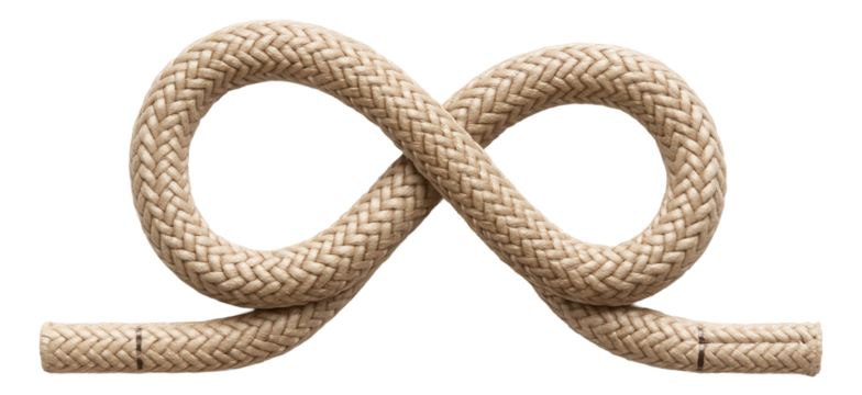Braided beige rope arranged in an infinity symbol shape on transparent background.