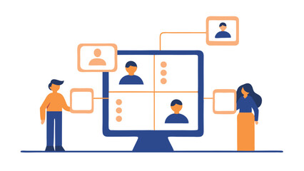 Illustration of a virtual meeting with four participants and two people interacting with it