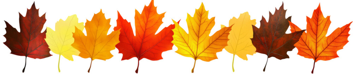 Obraz premium Colorful Autumn Maple Leaves Arranged in a Row Isolated on a White Background