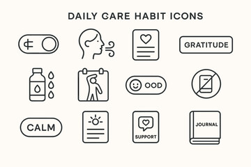 Daily care habit icons: health, wellness, mindfulness, gratitude, support symbols