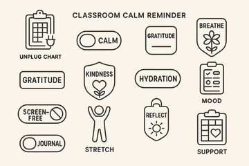 Classroom calm reminder icons for stress relief and mindfulness practices