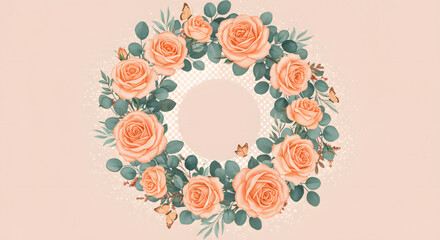 Peach Rose and Eucalyptus Wreath Illustration Elegant Floral Design Element