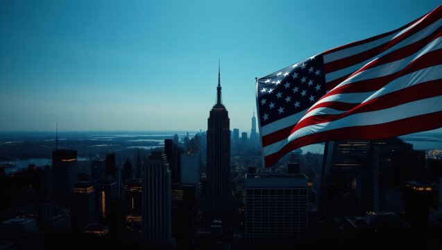 American flag waving over Manhattan skyline during twilight