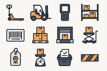 Warehouse icon set: equipment, barcode, pallet, forklift, packaging