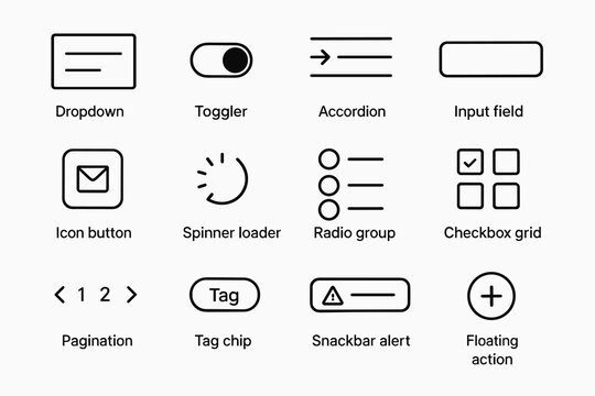 Ui elements collection: dropdown, toggler, accordion, input field, icon button, spinner, radio group, checkbox, pagination, tag, snackbar, floating action