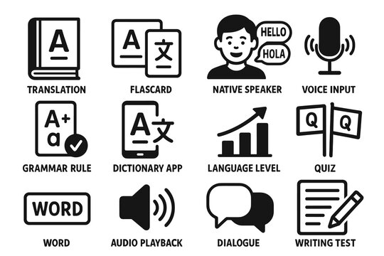 Language learning icons: translation, native speaker, voice input, grammar, quiz, writing test
