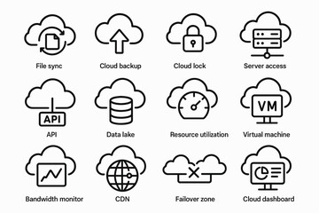 Fototapeta premium Cloud computing icons: storage, security, networking, and virtualization symbols