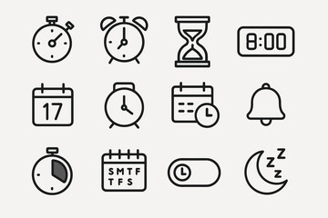 Minimalistic time management icons: stopwatch, alarm, calendar, hourglass, bell, moon
