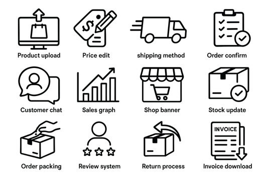 E-commerce icons set: shipping, sales, customer support, order management